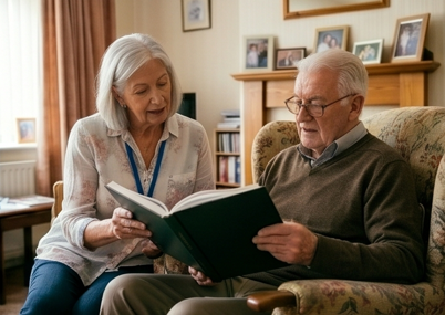 carer and client looking through a photo album together at home — AliMo Care, Bristol
