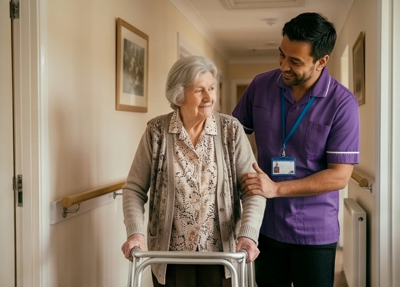 live-in carer helping a client move safely around the home — AliMo Care, Bristol